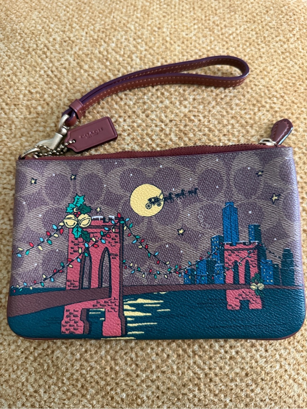 Coach Burgundy and Blue Brooklyn Bridge Wristlet